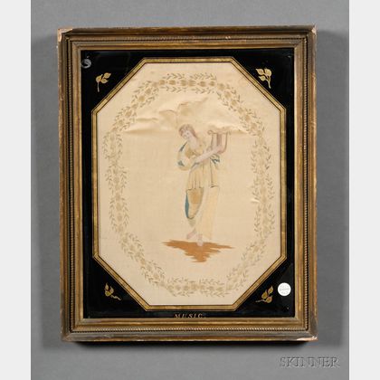 English Silk Needlework Picture Depicting an Allegorical Maiden of Music