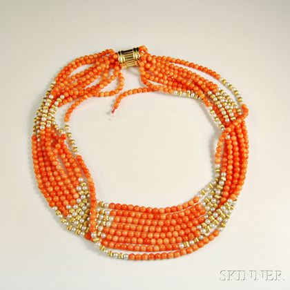 Coral, Pearl, and Gold Multi-strand Necklace