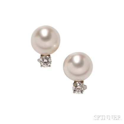 Platinum, Cultured Pearl, and Diamond Earrings, Tiffany & Co.