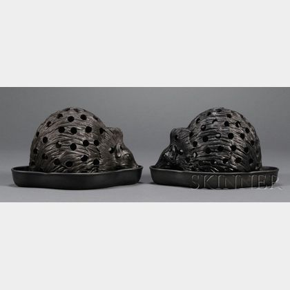 Pair of Wedgwood Black Basalt Hedgehog Crocus Pots and Underdishes