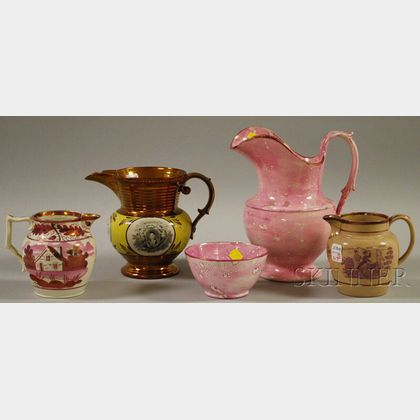 Five Lustre and Transfer-decorated Pottery Items