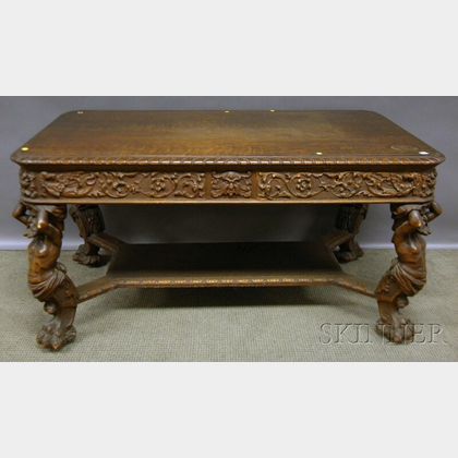 Late Victorian Italian Renaissance-style Carved Oak Two-drawer Library Table