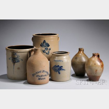 Cobalt-decorated Stoneware Jug and Two Crocks and a Jar