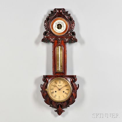 Carved Mahogany Wall Barometer and Clock