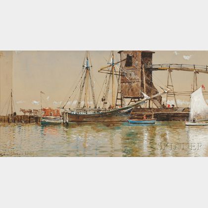 Edmund Darch Lewis (American, 1835-1910) Harbor Scene with Ship