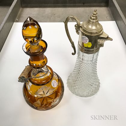 Amber Cut-to-clear Glass Decanter and a Silver-plated and Pressed Glass Pitcher
