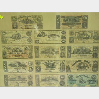 Framed Group of Fourteen Pieces of Confederate States Currency. 