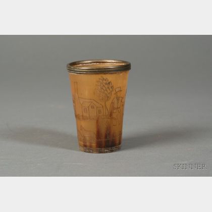 Brass Mounted Horn Cup with Engraved Picture