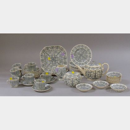 Forty-nine Piece Copeland Transfer Blue and White Scroll Decorated Ceramic Partial Tea Service. 