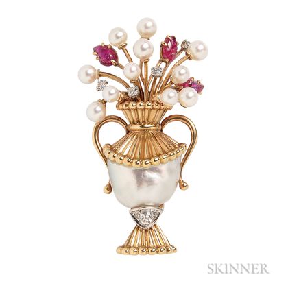 18kt Gold, Baroque Cultured Pearl, and Carved Ruby Brooch