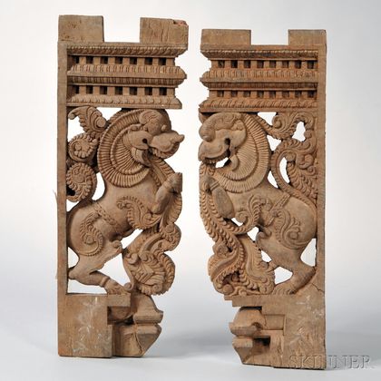 Two Indian Carved Wood Architectural Fragments