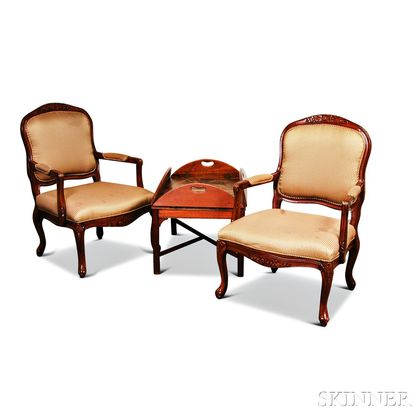 Pair of Louis XV-style Upholstered Fauteuil and a Georgian-style Mahogany Butler's Tray Table. Estimate $60-80
