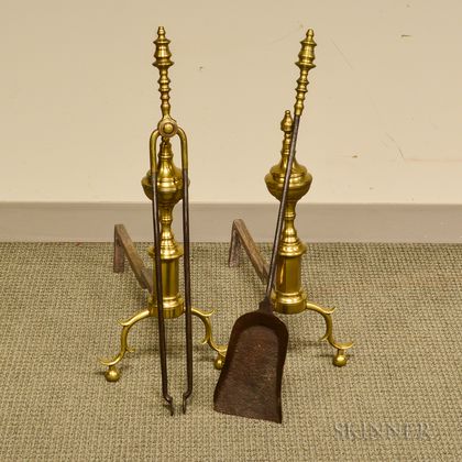 Pair of Brass Andirons, Pair of Tongs, and a Shovel