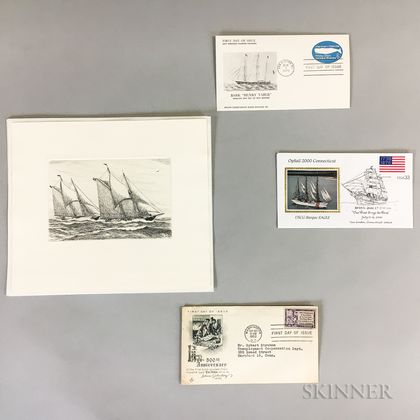 Four Charles J.A. Wilson Ship Etchings and Three First Day Covers