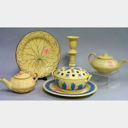 Wedgwood Caneware Potpourri, a Dish, Two Teapots, Candlestick, and a Plate. 