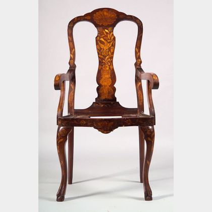Dutch Rococo-style Fruitwood Marquetry Inlaid Mahogany Armchair