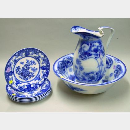 Royal Doulton Flow Blue Norbury Pattern Chamber Pitcher and Basin and a Set of Six Meakin Flow Blue Plates.... 