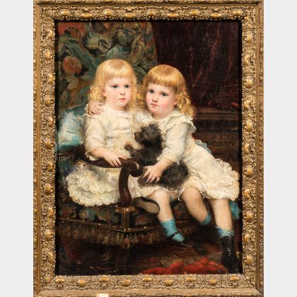 Anglo/American School, Early 20th Century Portrait of Two Sisters in White with a Small Dog